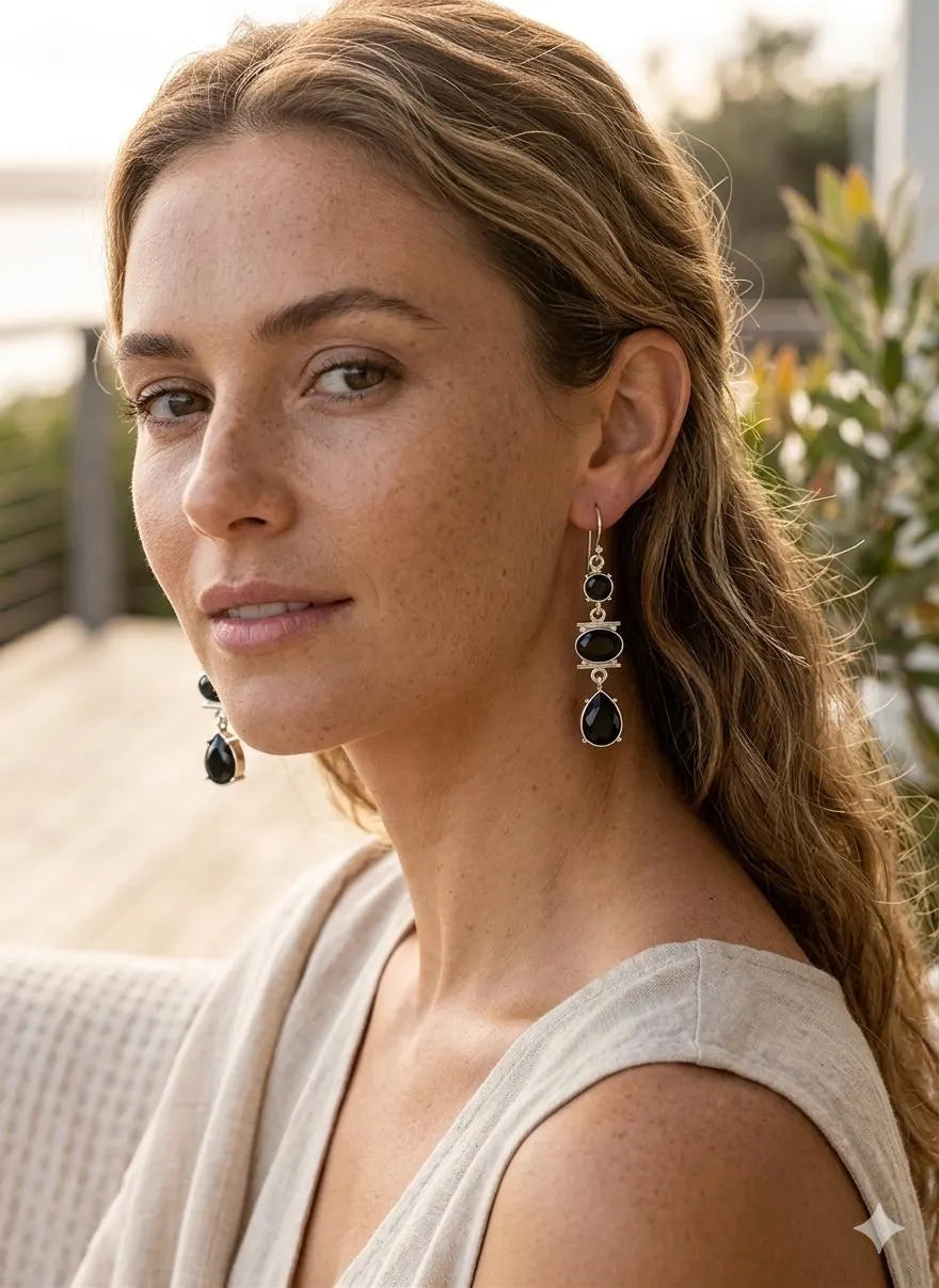 925 Sterling Silver Black Onyx Dangle Earrings, Luxury Handcrafted Gemstone Jewelry, Elegant Drop Earrings for Women, Gift for Her