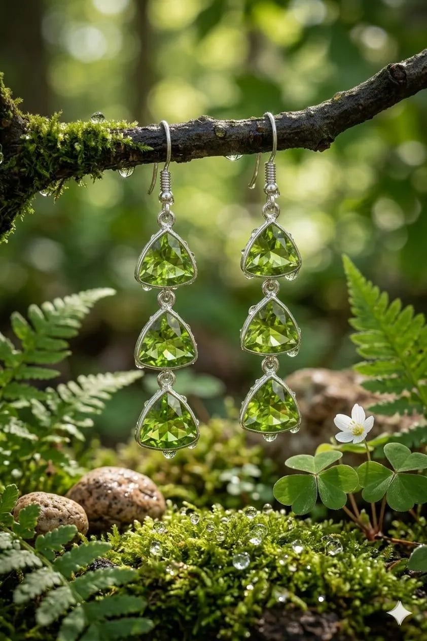 Genuine 925 Silver Artisan Jewelry – Luxury Green Peridot Trillion Teardrop Earrings