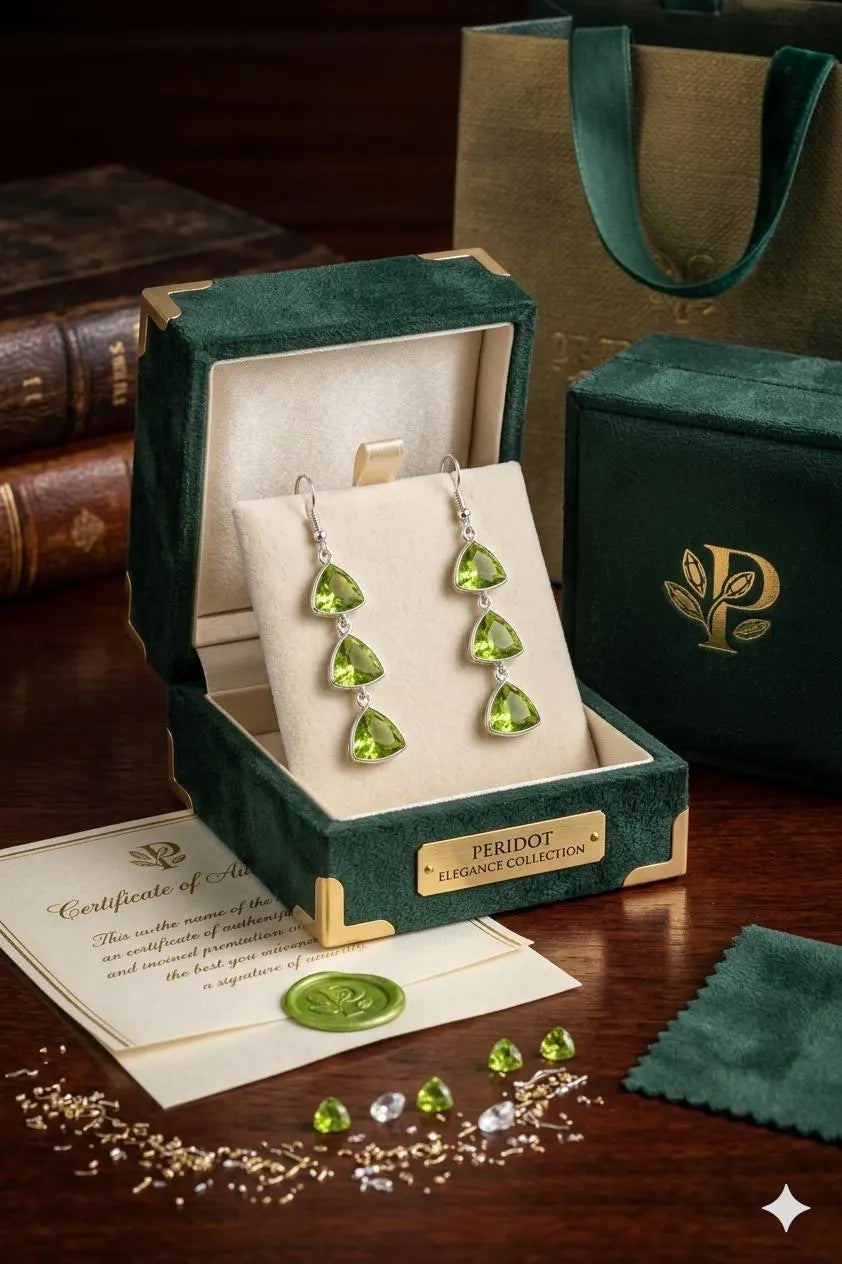 Genuine 925 Silver Artisan Jewelry – Luxury Green Peridot Trillion Teardrop Earrings