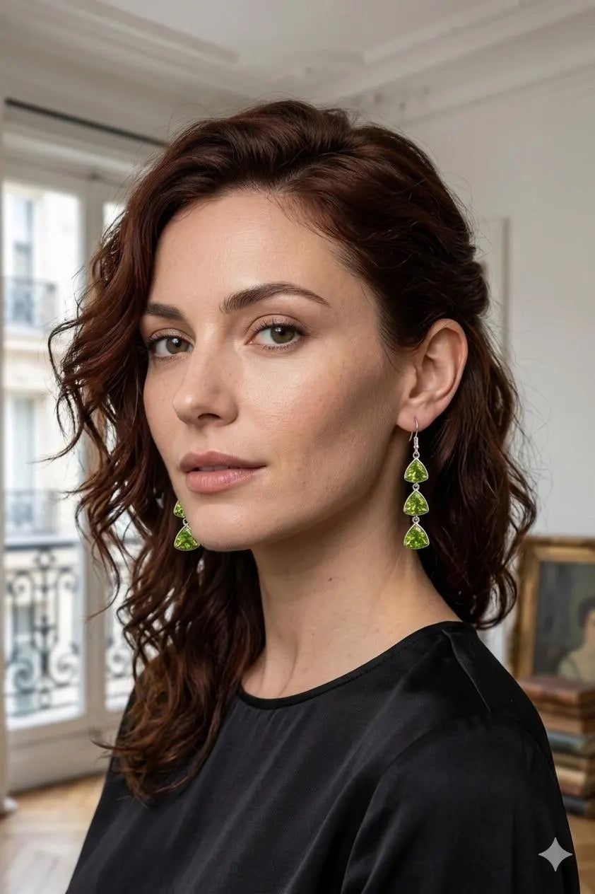 Genuine 925 Silver Artisan Jewelry – Luxury Green Peridot Trillion Teardrop Earrings
