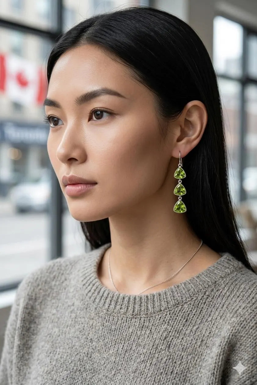 Genuine 925 Silver Artisan Jewelry – Luxury Green Peridot Trillion Teardrop Earrings
