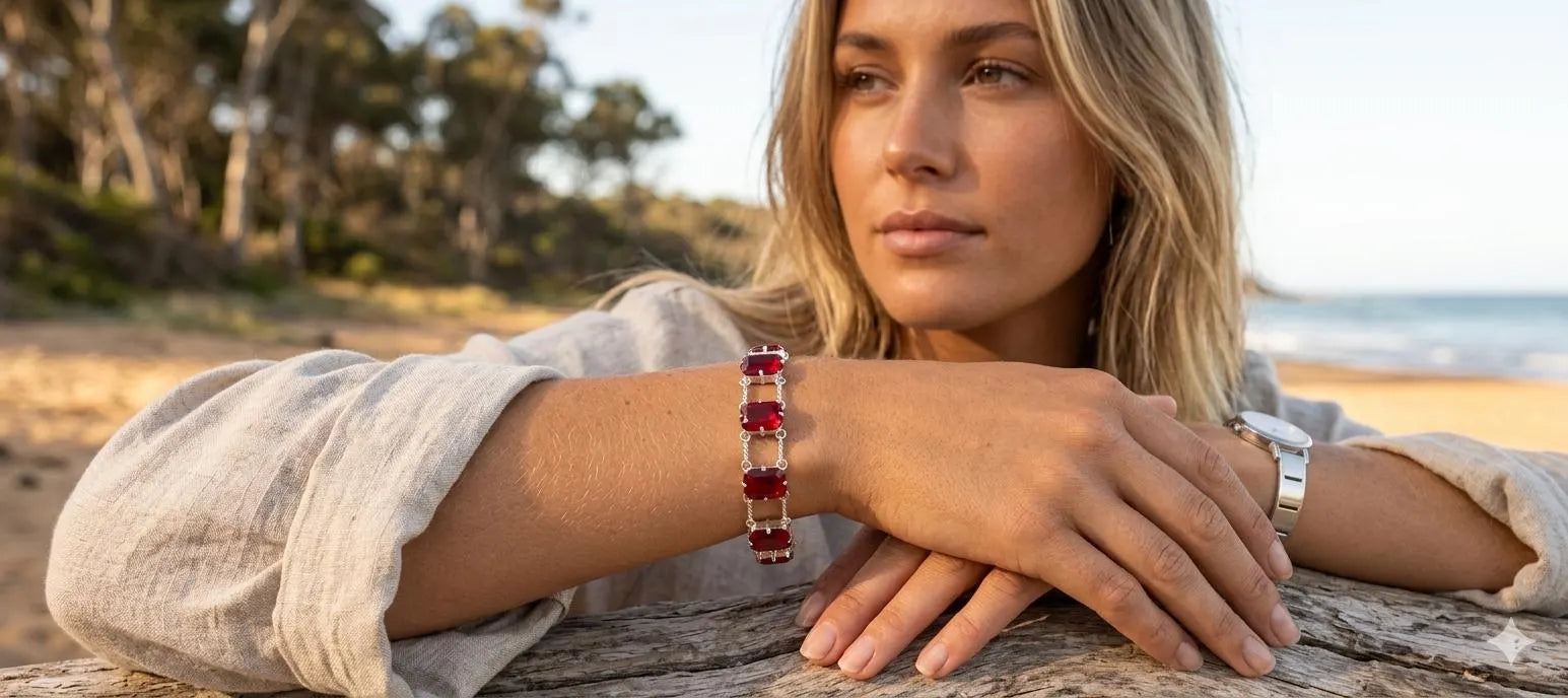 Handmade Luxury 925 Silver Bracelet – Elegant Rectangular Red Stone Designer Jewelry