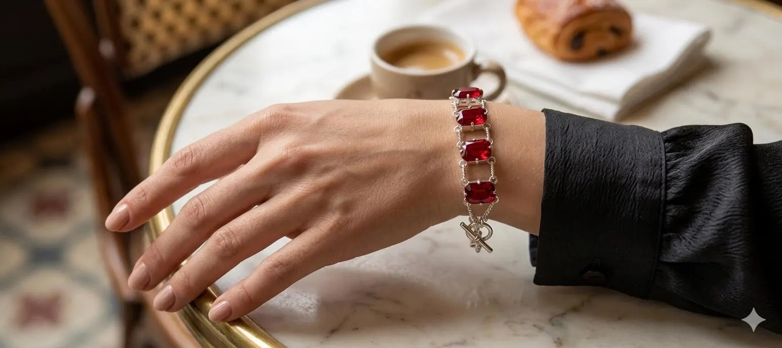 Handmade Luxury 925 Silver Bracelet – Elegant Rectangular Red Stone Designer Jewelry