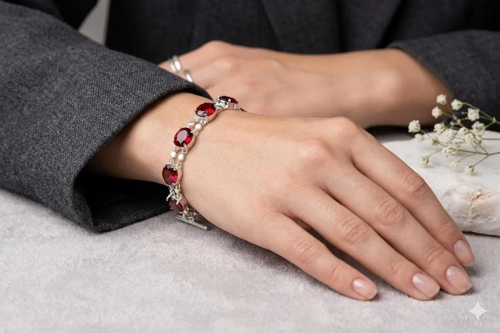 Handcrafted 925 Sterling Silver Bracelet with Red Gemstones | Premium Luxury Jewelry