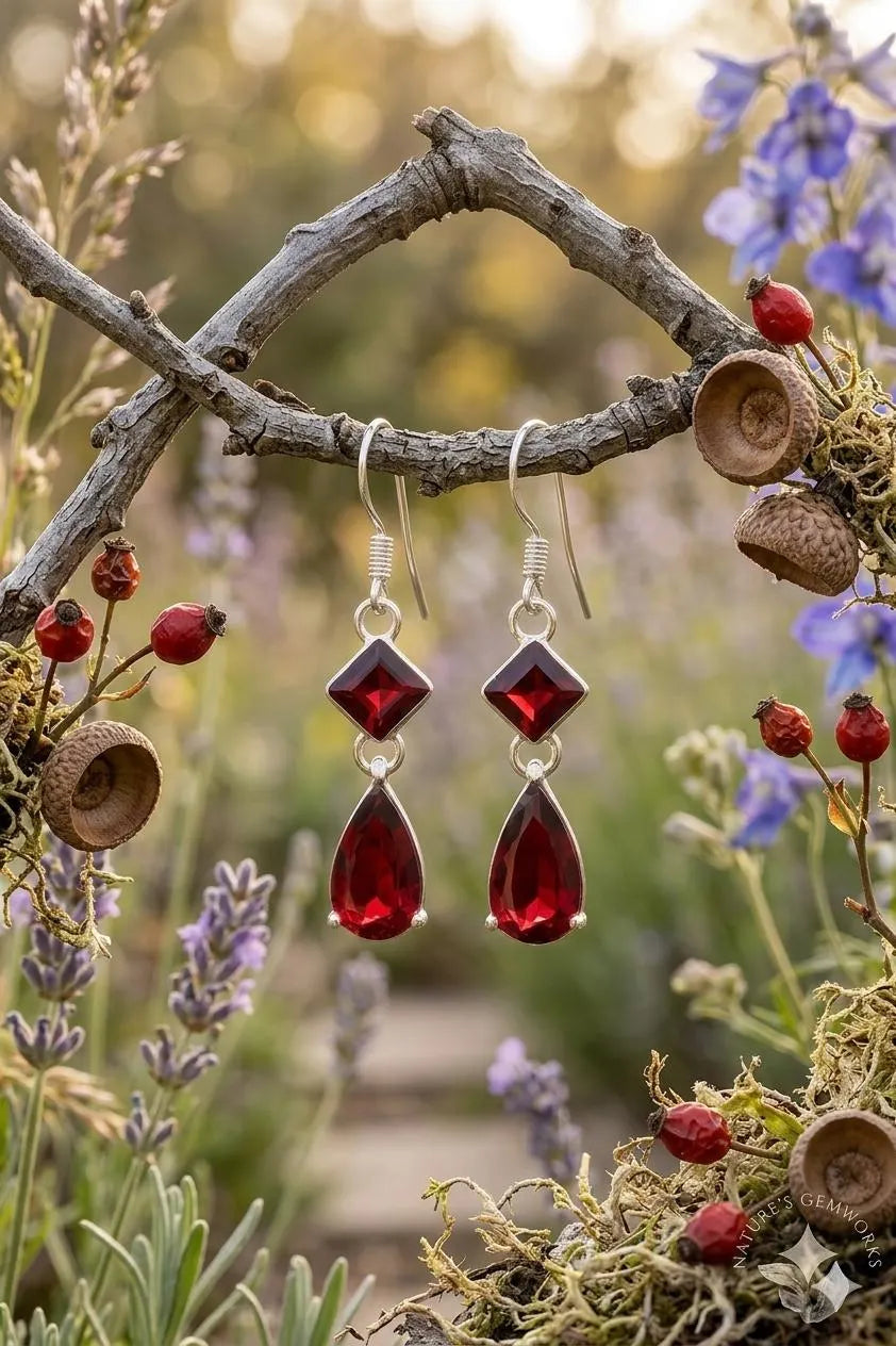 Garnet Drop Earrings, 925 Sterling Silver Dangle Earrings, January Birthstone Jewelry, Teardrop Gemstone Gift for Her, Handmade