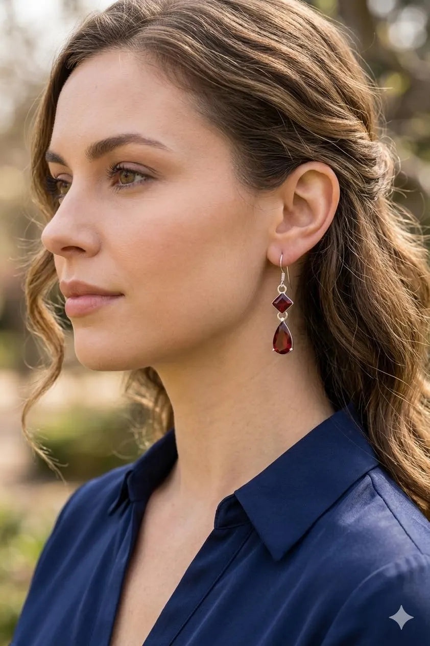 Garnet Drop Earrings, 925 Sterling Silver Dangle Earrings, January Birthstone Jewelry, Teardrop Gemstone Gift for Her, Handmade