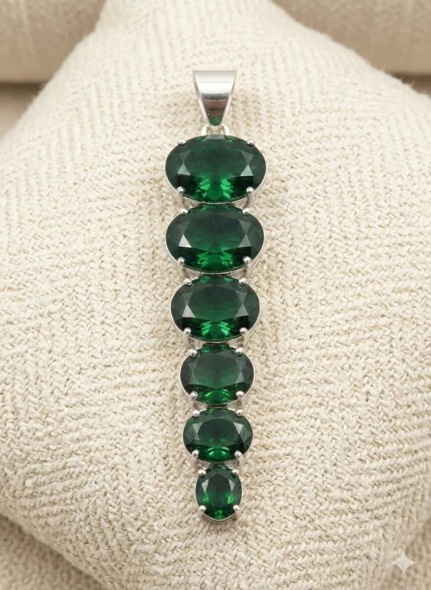 Premium Handcrafted Luxury 925 Sterling Silver Pendant with Graduated Deep Green Gemstones