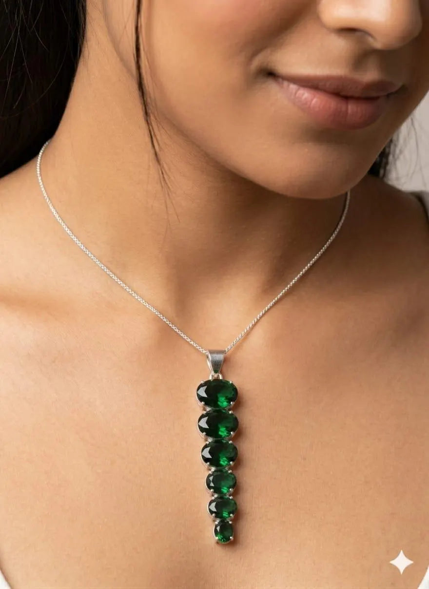 Premium Handcrafted Luxury 925 Sterling Silver Pendant with Graduated Deep Green Gemstones