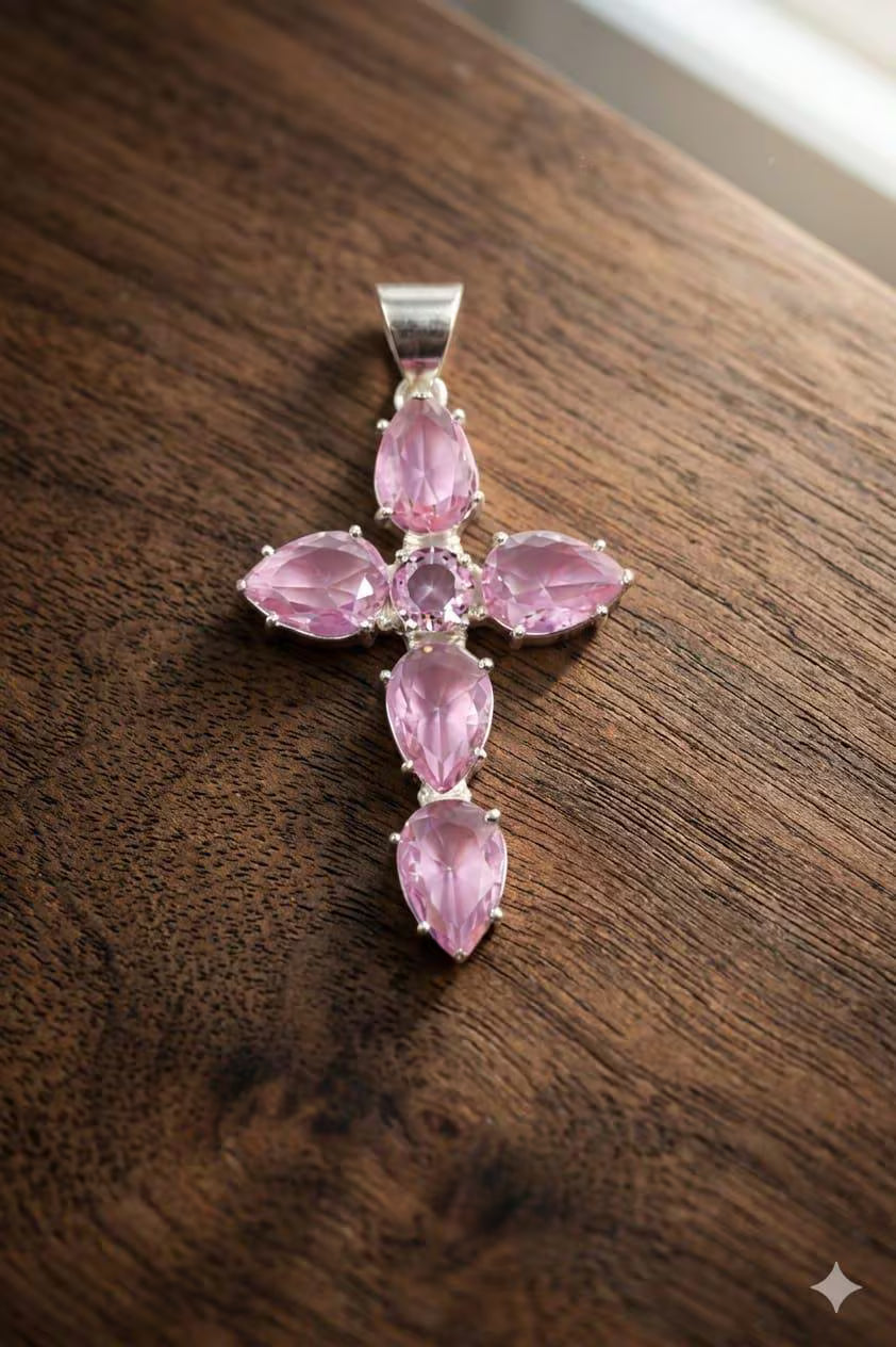 Handcrafted 925 Sterling Silver Pink Gemstone Cross Pendant | Premium Luxury Statement Jewelry