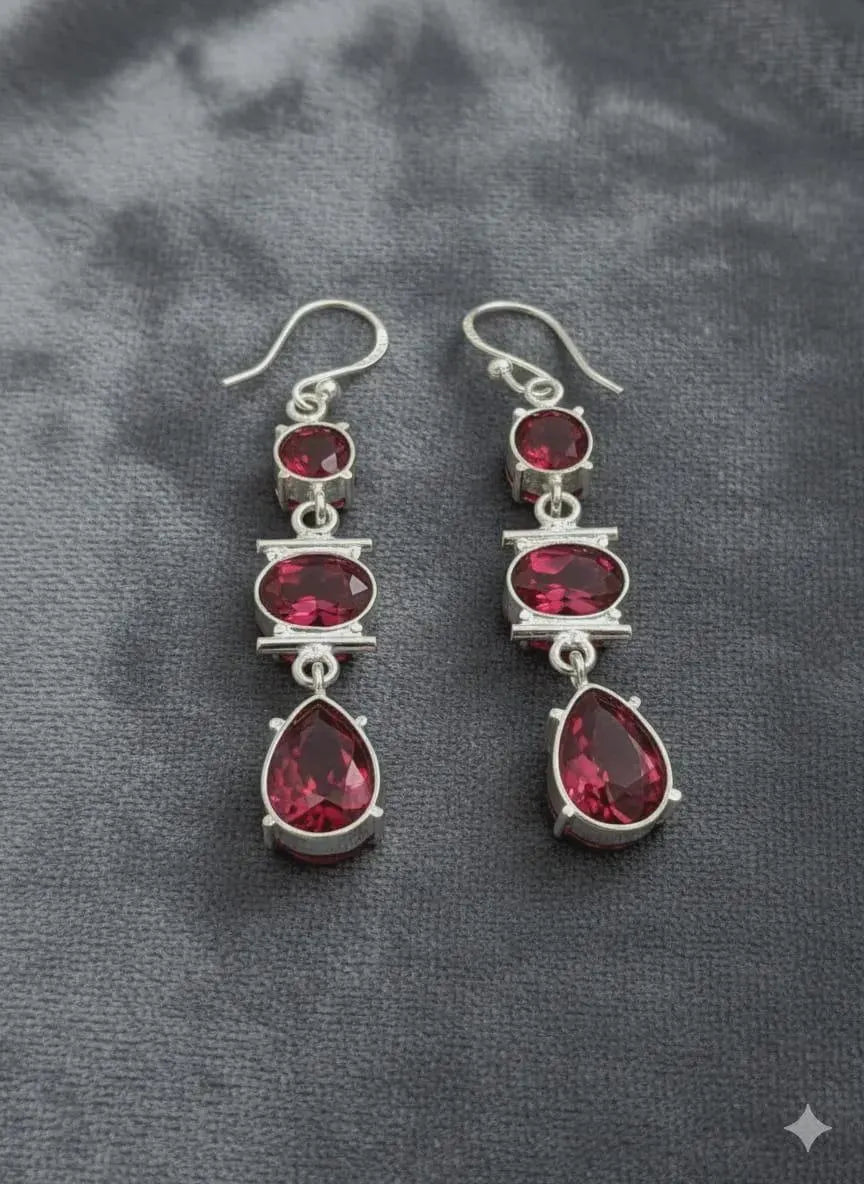 Luxury Artisan 925 Silver Deep Red Gemstone Dangle Earrings – Handcrafted Elegance