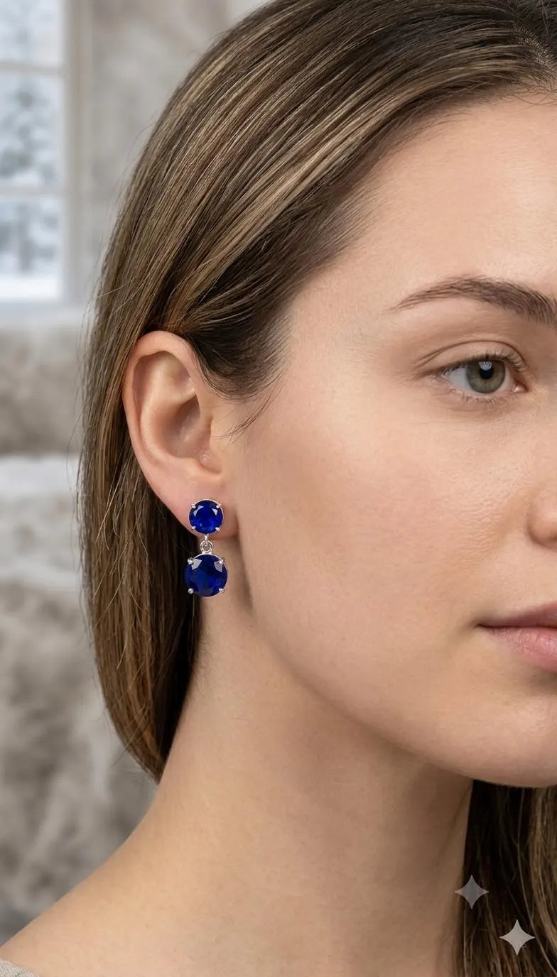 Blue Sapphire Drop Earrings, 925 Sterling Silver Dangle Earrings, Round Blue Gemstone Earrings, September Birthstone Jewelry, Gift for Her