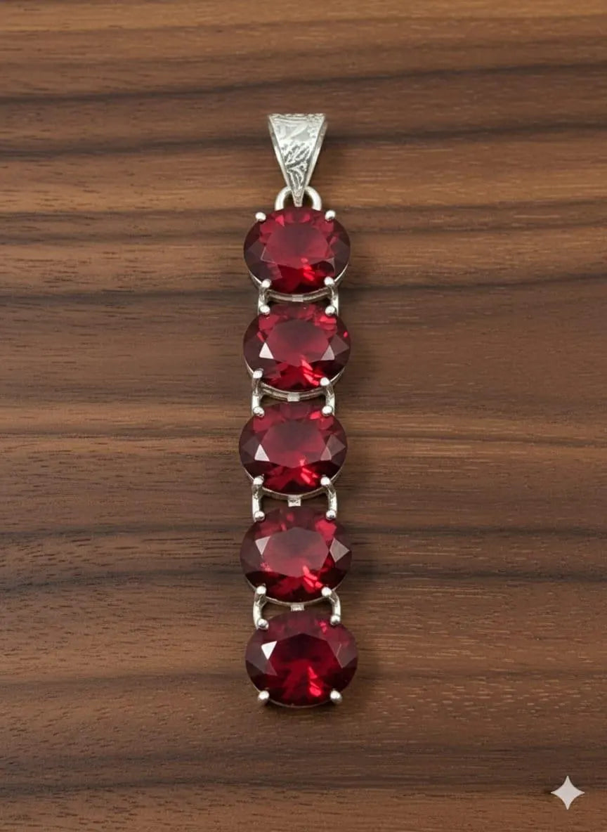 Premium Handcrafted 925 Silver Pendant, Elegant Five-Oval Red Gemstone Drop for Women