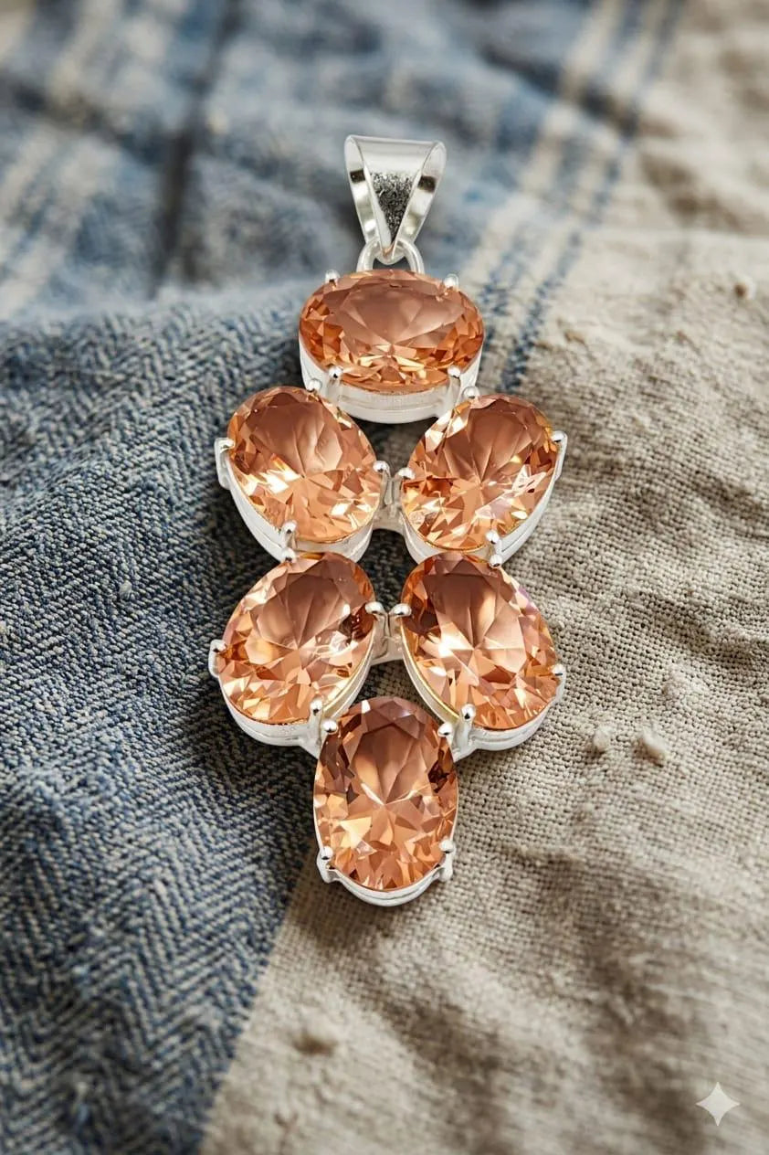 Premium Handcrafted 925 Sterling Silver Pendant with Champagne Oval Gemstones