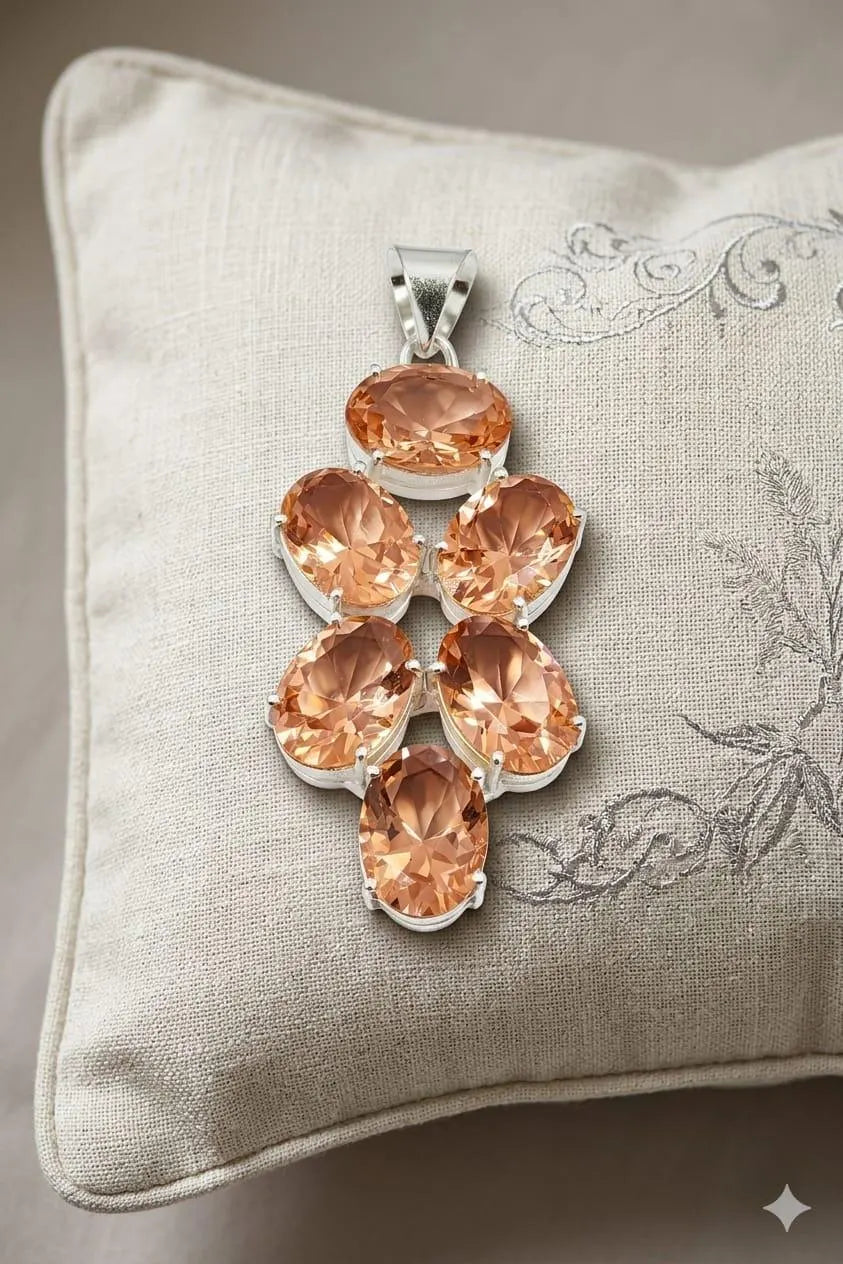 Premium Handcrafted 925 Sterling Silver Pendant with Champagne Oval Gemstones