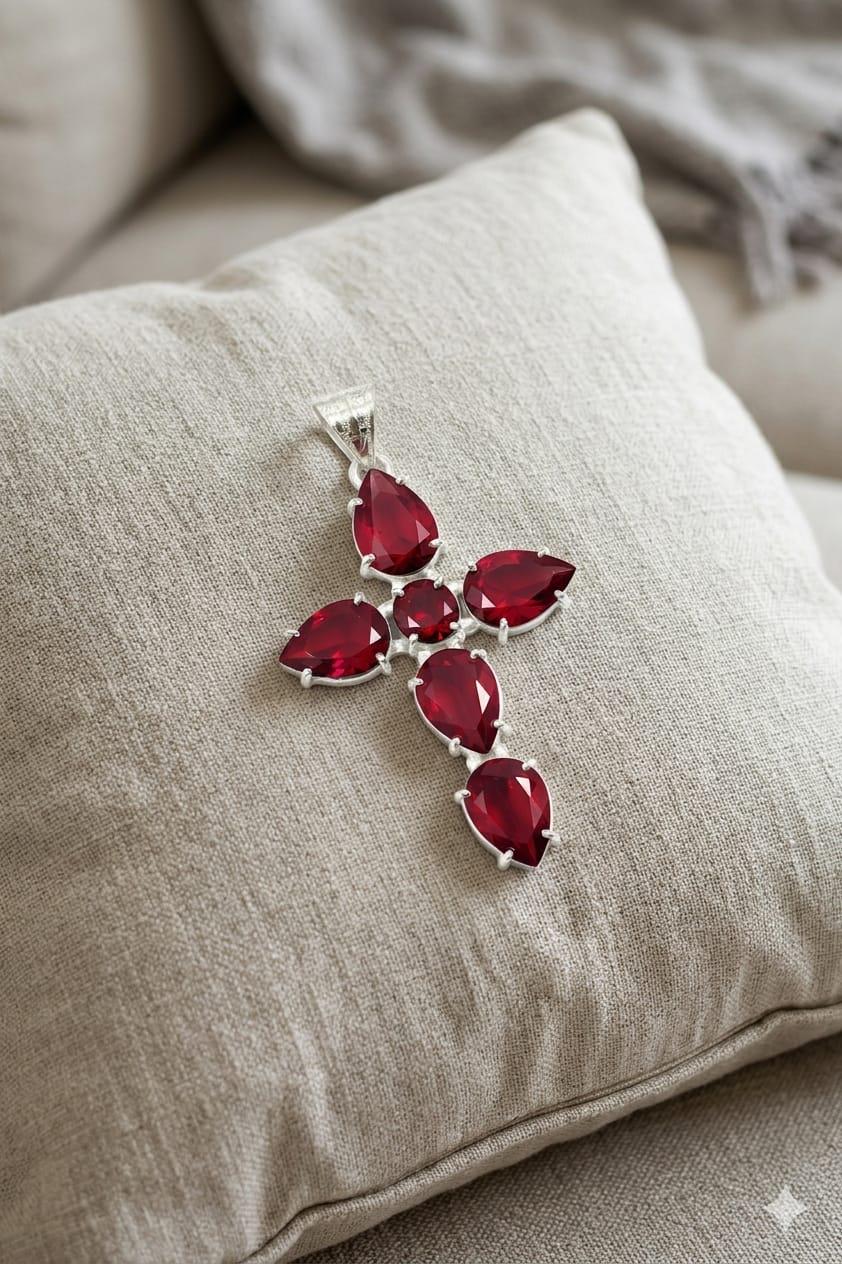 Red Pear Cut Gemstone Cross Pendant, Sterling Silver Faith Jewelry, Statement Necklace