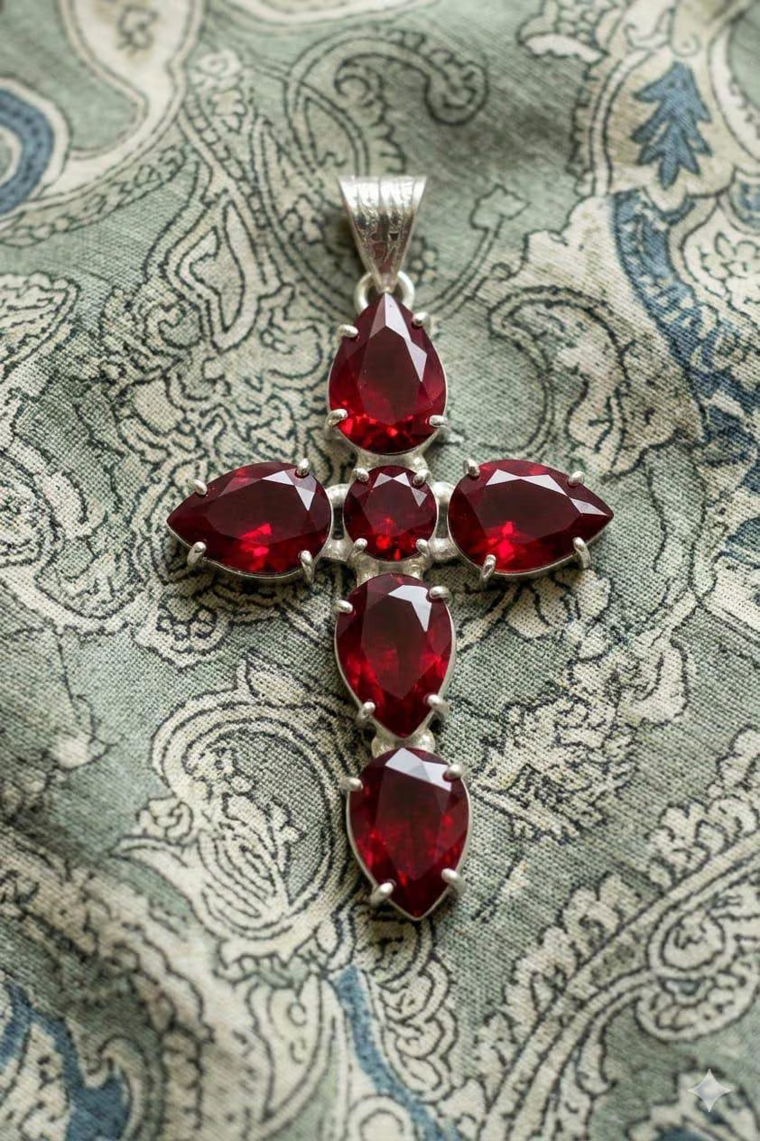 Red Pear Cut Gemstone Cross Pendant, Sterling Silver Faith Jewelry, Statement Necklace