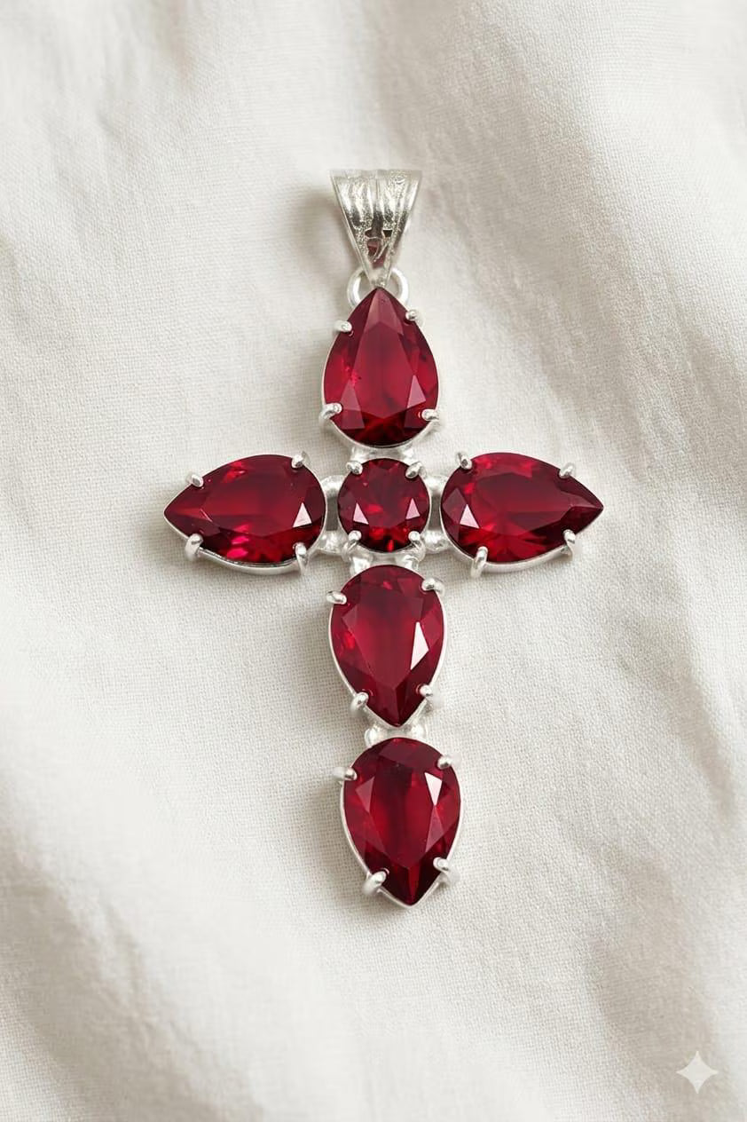 Red Pear Cut Gemstone Cross Pendant, Sterling Silver Faith Jewelry, Statement Necklace