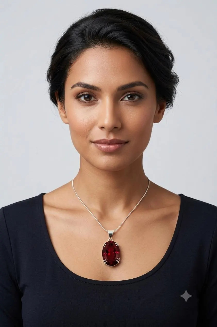 Elegant Oval Deep Red Gemstone Pendant in Polished Silver Setting