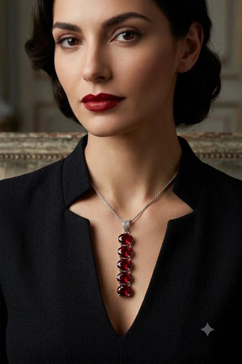 Premium Handcrafted 925 Silver Pendant, Elegant Five-Oval Red Gemstone Drop for Women