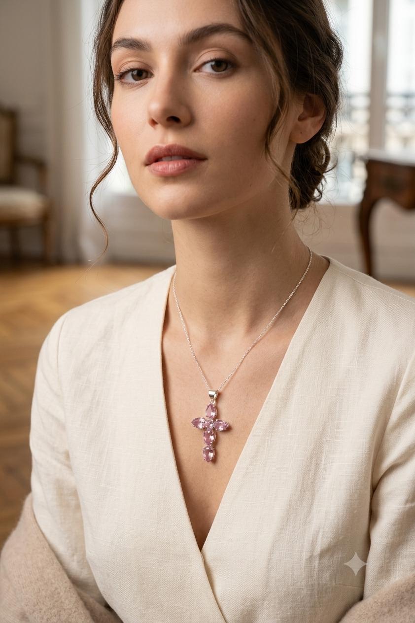 Handcrafted 925 Sterling Silver Pink Gemstone Cross Pendant | Premium Luxury Statement Jewelry