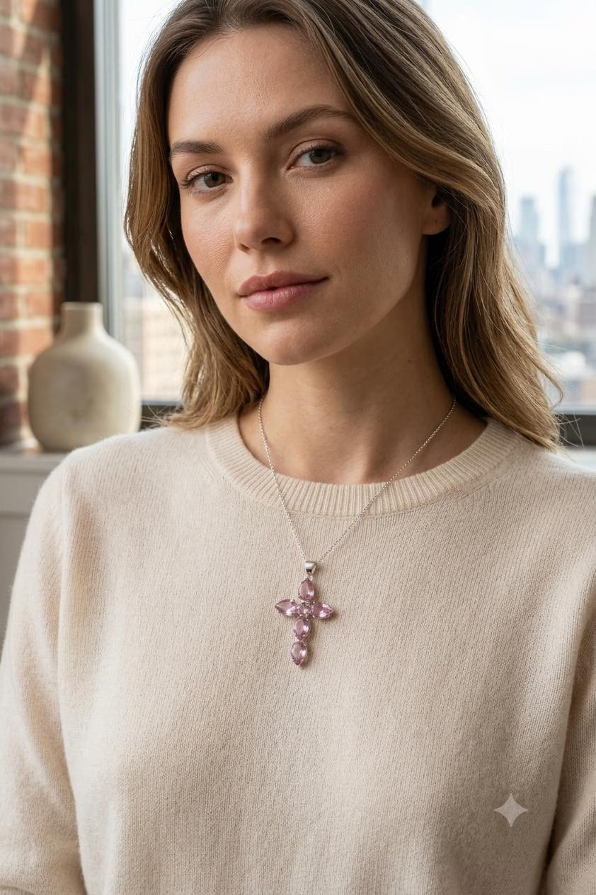 Handcrafted 925 Sterling Silver Pink Gemstone Cross Pendant | Premium Luxury Statement Jewelry
