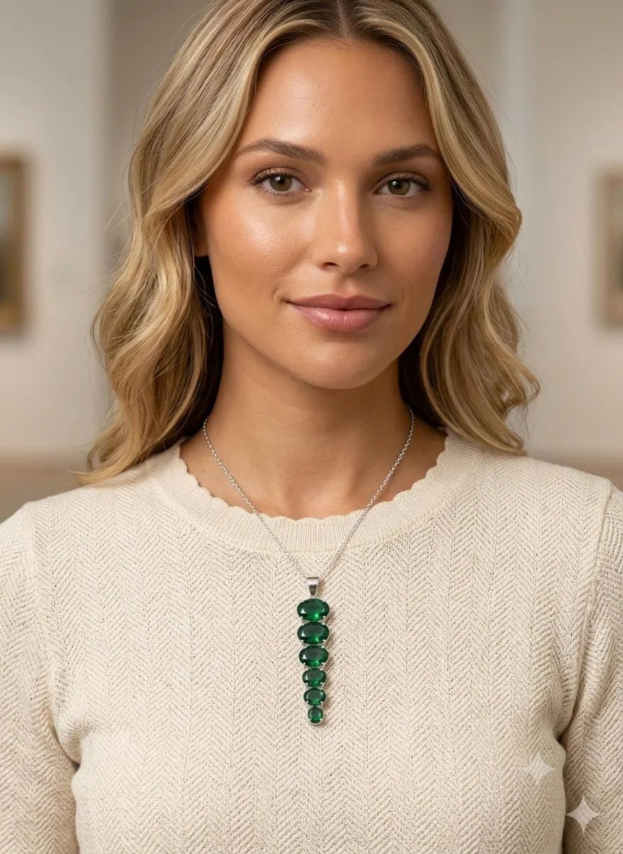 Premium Handcrafted Luxury 925 Sterling Silver Pendant with Graduated Deep Green Gemstones