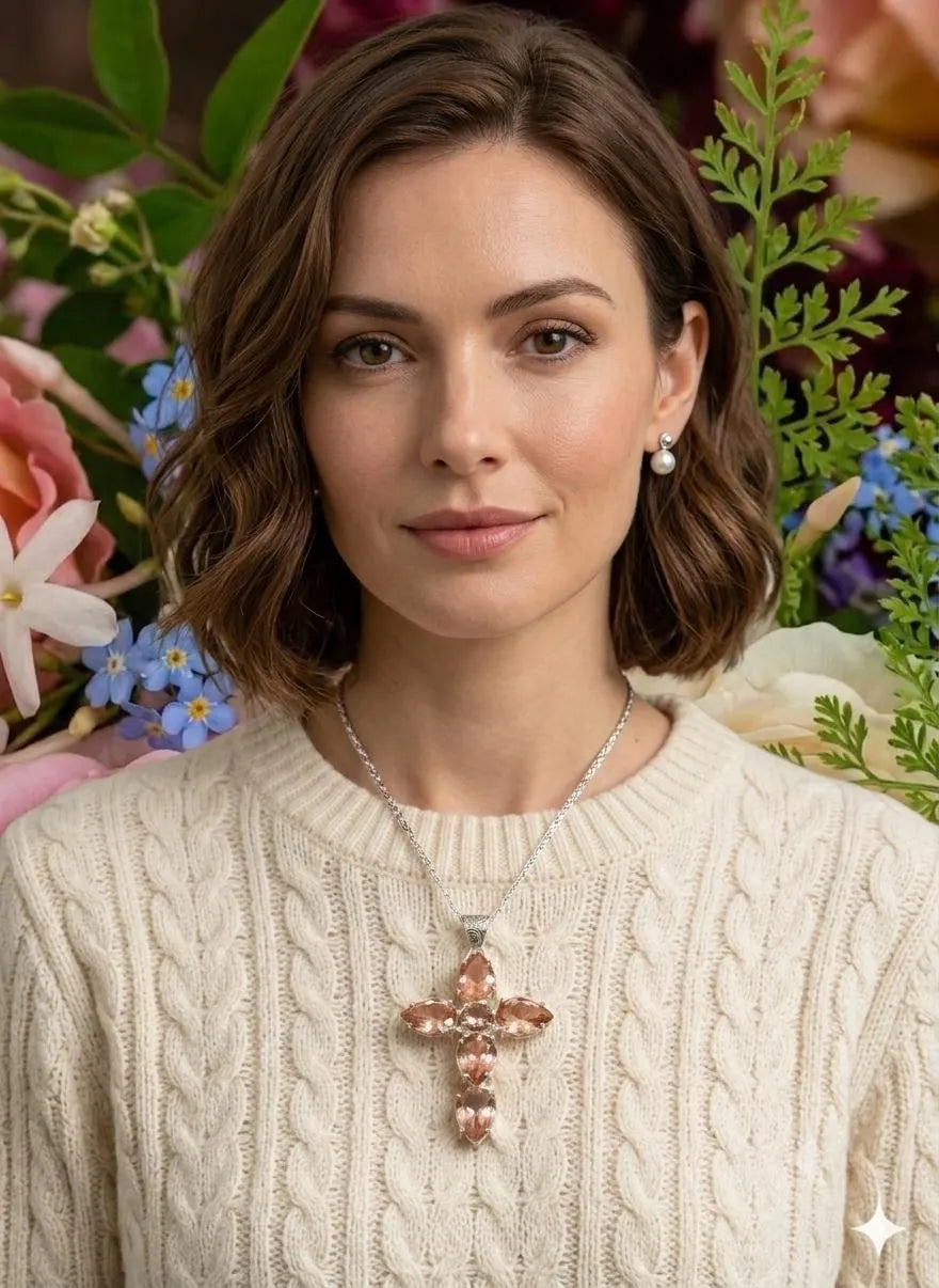 Handcrafted 925 Sterling Silver Peach Gemstone Cross Pendant - Luxury Artisan Jewelry