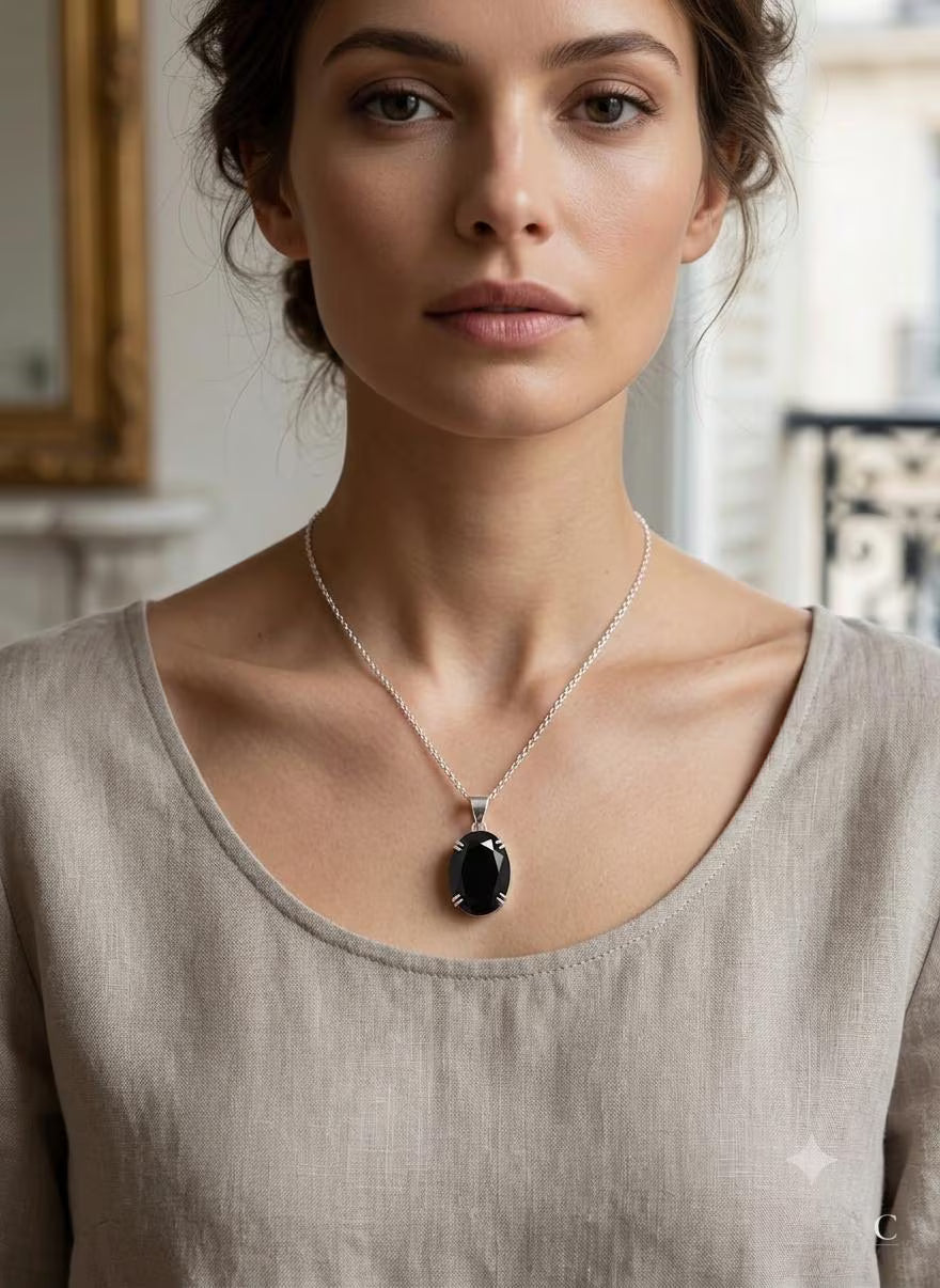Handcrafted Luxury 925 Silver Pendant, Genuine Black Gemstone Oval Design, Premium Artisan Jewelry