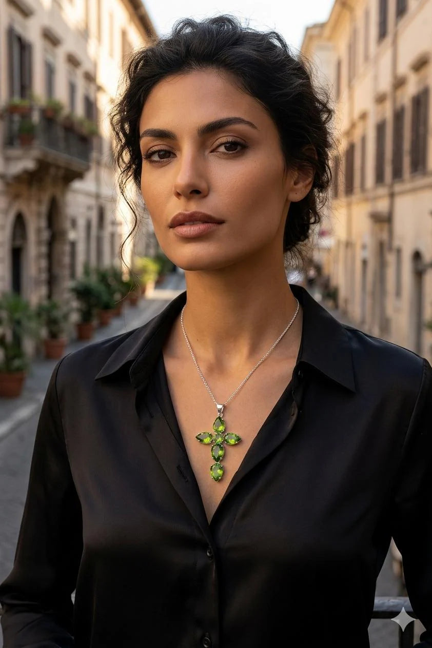 Premium Handcrafted 925 Sterling Silver Green Peridot Cross Pendant | Luxury Gemstone Jewelry