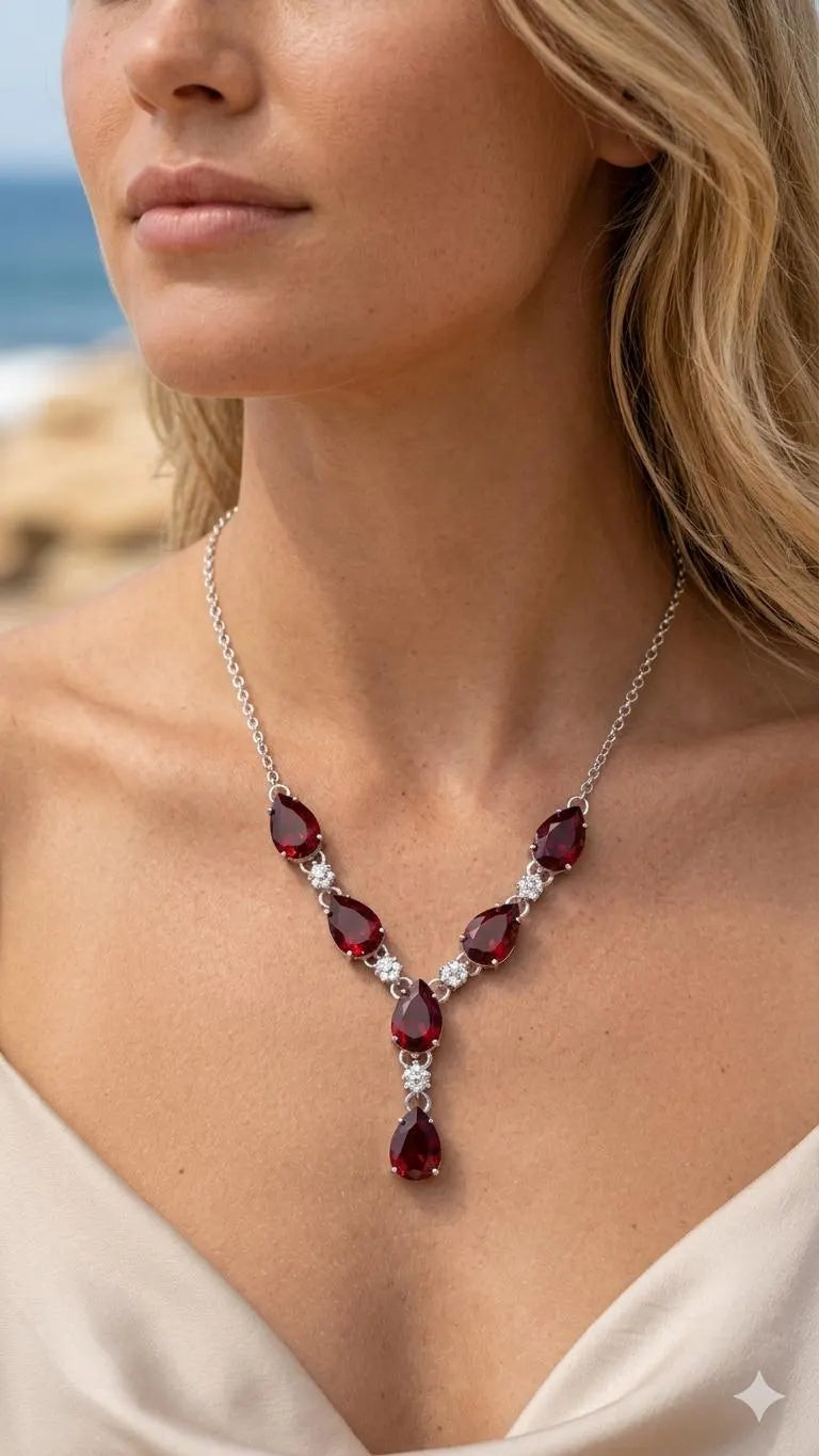 Elegant Teardrop Ruby Red Crystal Statement Necklace