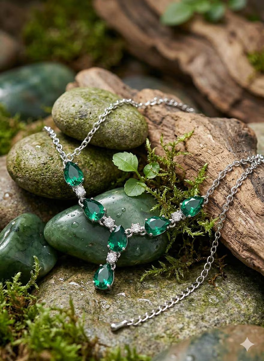 Premium Handcrafted 925 Sterling Silver Necklace with Emerald Green Pear-Cut Stones