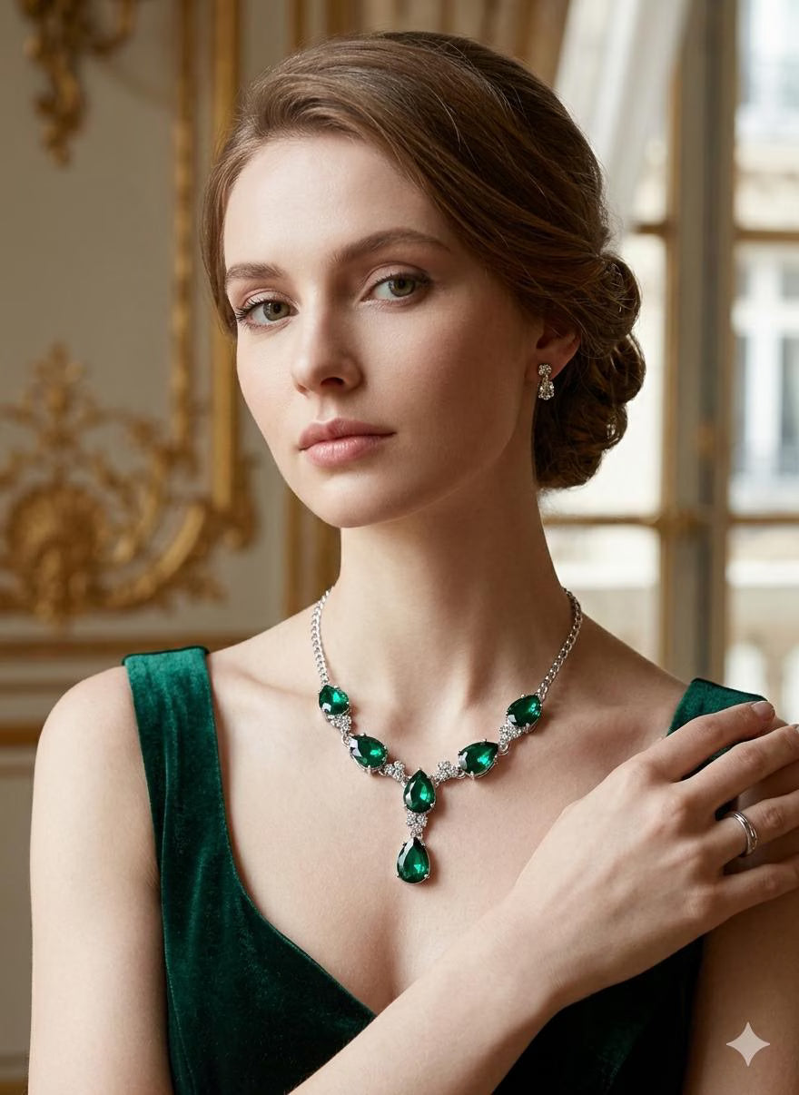 Premium Handcrafted 925 Sterling Silver Necklace with Emerald Green Pear-Cut Stones
