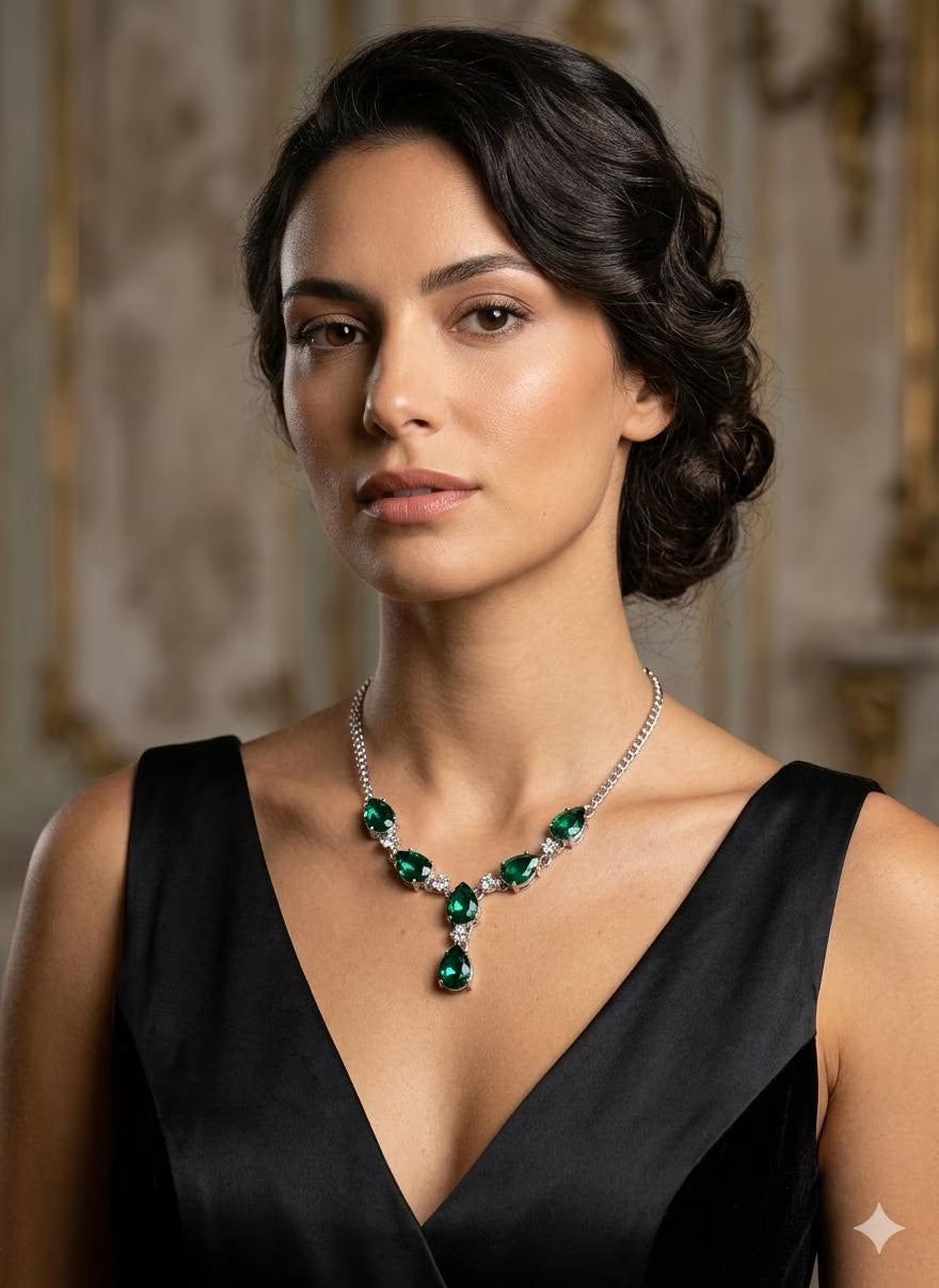 Premium Handcrafted 925 Sterling Silver Necklace with Emerald Green Pear-Cut Stones
