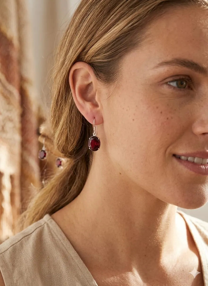 Handcrafted 925 Sterling Silver Garnet Earrings | Luxury Red Gemstone Dangle Earrings