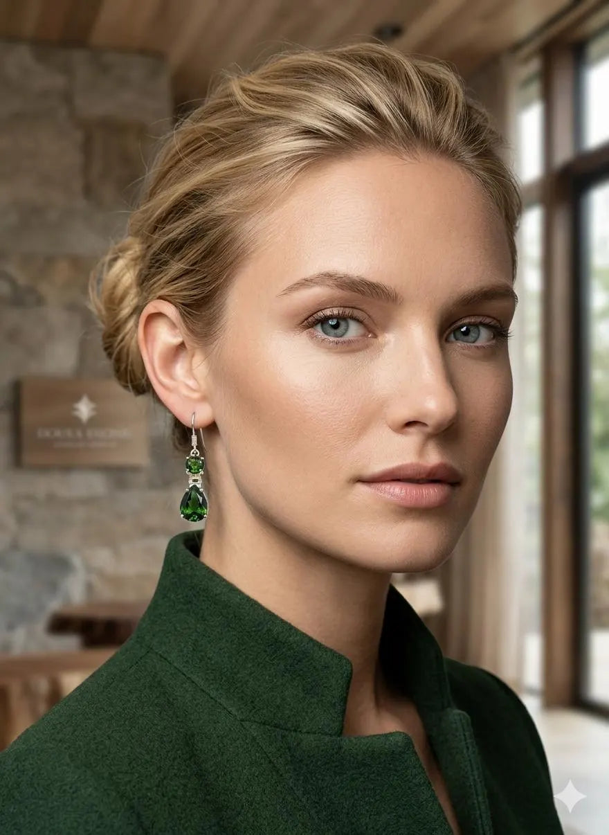 Handcrafted 925 Sterling Silver Drop Earrings with Deep Green Gemstones – Elegant Luxury Jewelry