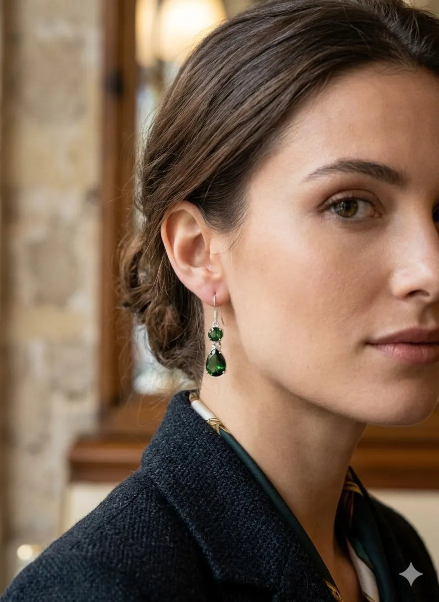 Handcrafted 925 Sterling Silver Drop Earrings with Deep Green Gemstones – Elegant Luxury Jewelry
