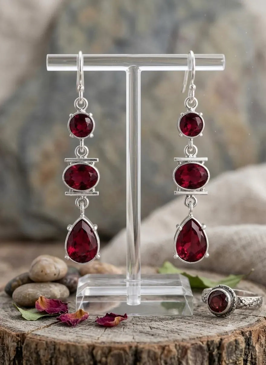 Luxury Artisan 925 Silver Deep Red Gemstone Dangle Earrings – Handcrafted Elegance