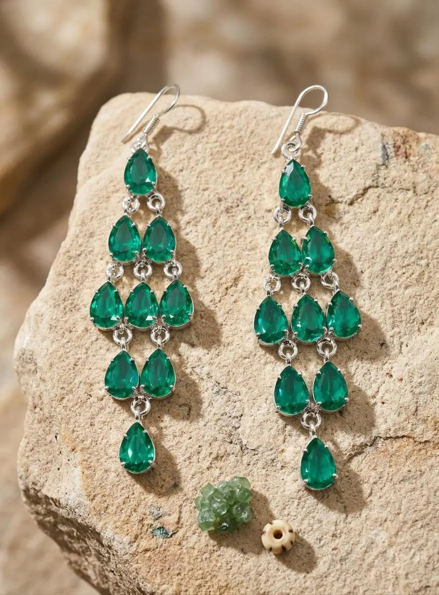 Emerald Green Chandelier Earrings, 925 Sterling Silver Dangle Earrings, Pear Cut Gemstone Earrings, Statement Bridal Jewelry, Gift for Her