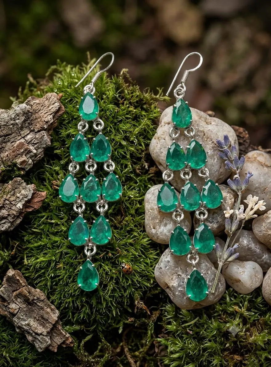 Emerald Green Chandelier Earrings, 925 Sterling Silver Dangle Earrings, Pear Cut Gemstone Earrings, Statement Bridal Jewelry, Gift for Her