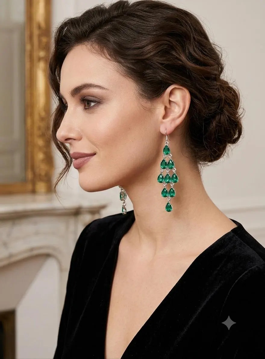 Emerald Green Chandelier Earrings, 925 Sterling Silver Dangle Earrings, Pear Cut Gemstone Earrings, Statement Bridal Jewelry, Gift for Her