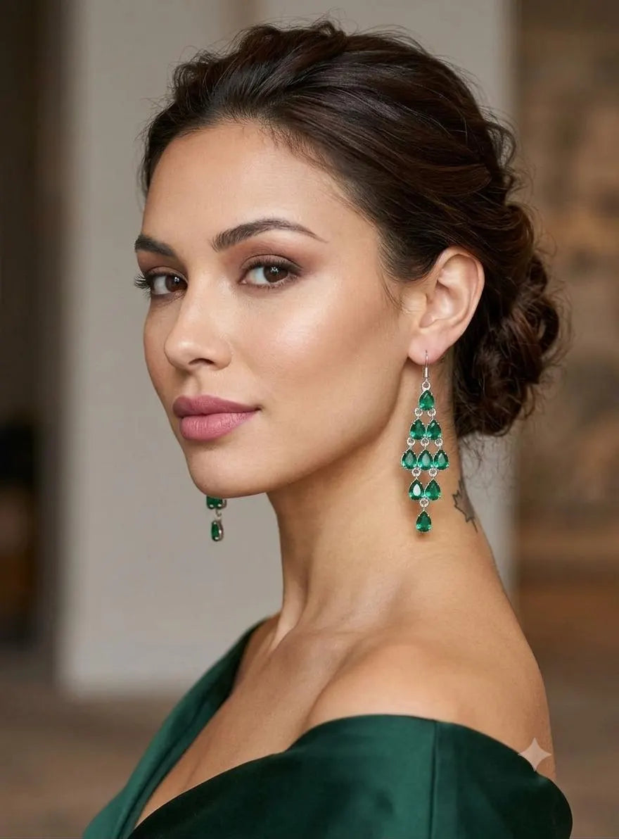 Emerald Green Chandelier Earrings, 925 Sterling Silver Dangle Earrings, Pear Cut Gemstone Earrings, Statement Bridal Jewelry, Gift for Her