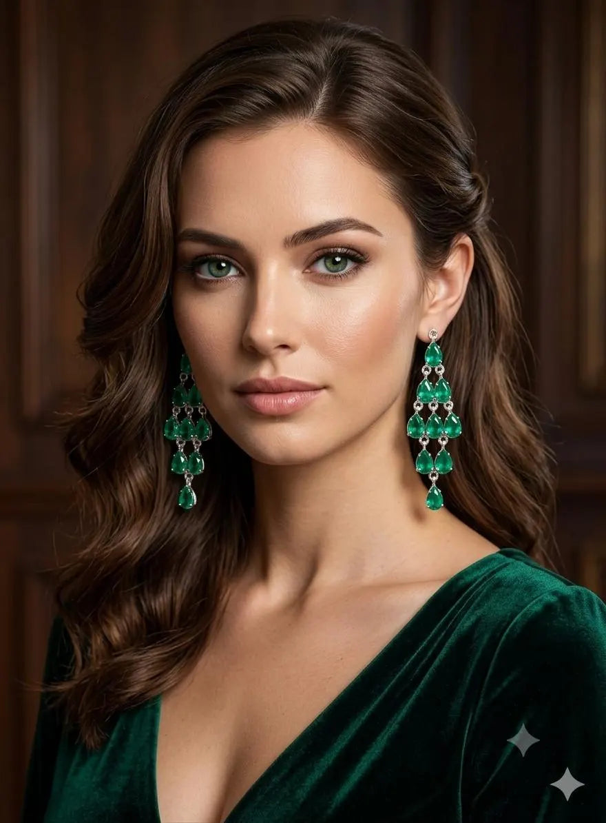 Emerald Green Chandelier Earrings, 925 Sterling Silver Dangle Earrings, Pear Cut Gemstone Earrings, Statement Bridal Jewelry, Gift for Her