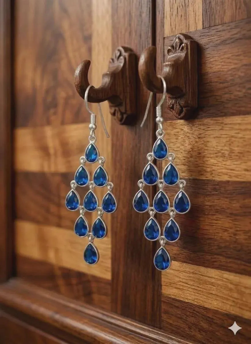 Handmade 925 Sterling Silver Blue Gemstone Chandelier Earrings, Elegant Teardrop Dangle Earrings, Luxury Gift for Women
