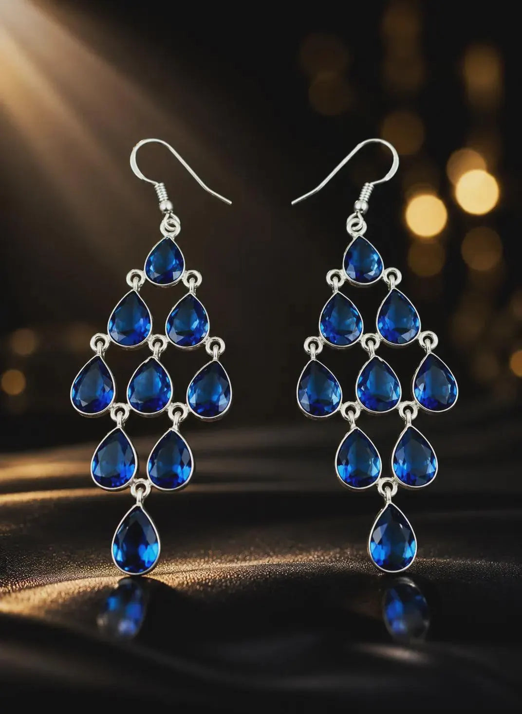 Handmade 925 Sterling Silver Blue Gemstone Chandelier Earrings, Elegant Teardrop Dangle Earrings, Luxury Gift for Women