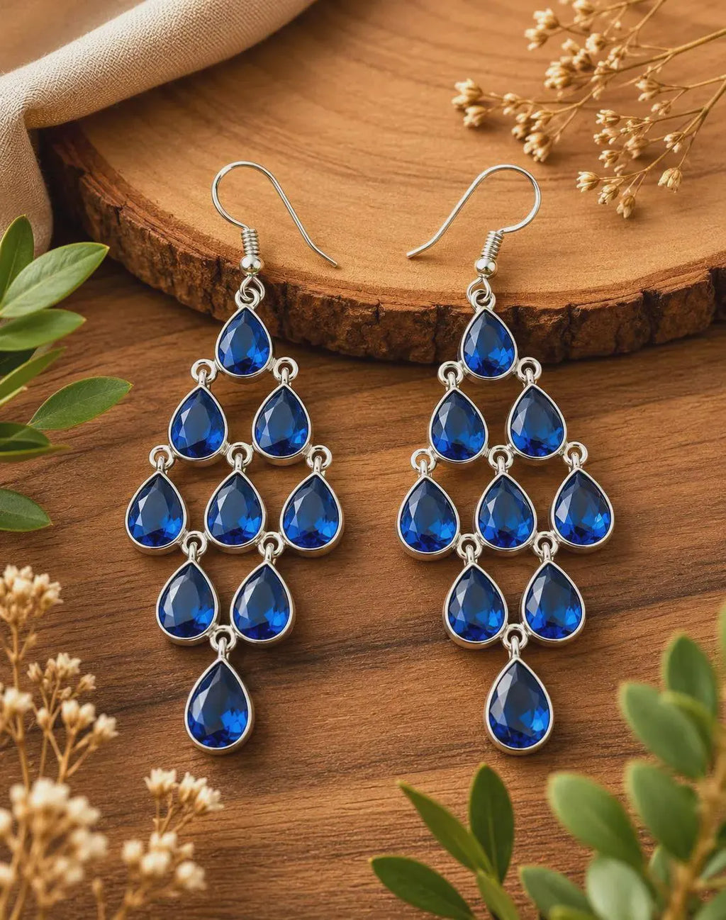 Handmade 925 Sterling Silver Blue Gemstone Chandelier Earrings, Elegant Teardrop Dangle Earrings, Luxury Gift for Women