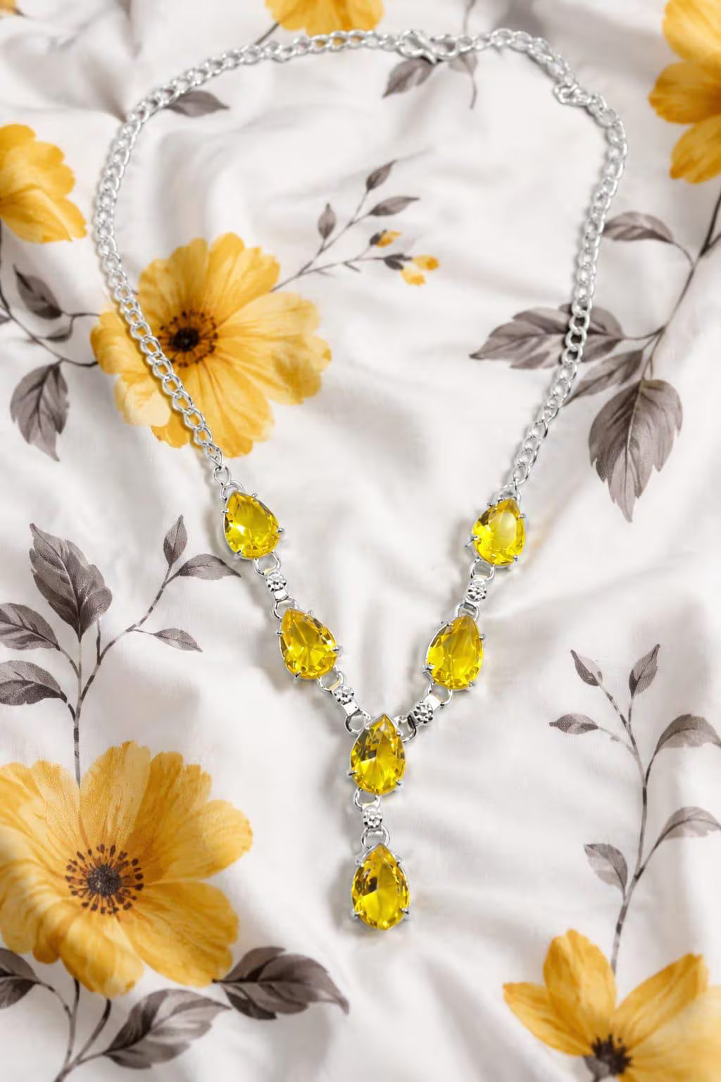 925 Sterling Silver Yellow Citrine Teardrop Necklace | Luxury Gemstone Y Necklace | November Birthstone Gift for Her