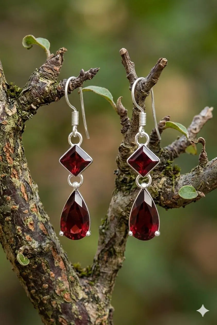Garnet Drop Earrings, 925 Sterling Silver Dangle Earrings, January Birthstone Jewelry, Teardrop Gemstone Gift for Her, Handmade