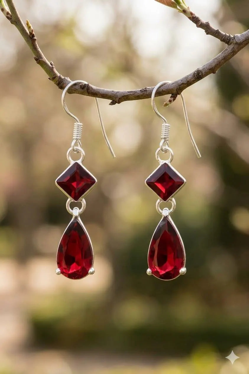 Garnet Drop Earrings, 925 Sterling Silver Dangle Earrings, January Birthstone Jewelry, Teardrop Gemstone Gift for Her, Handmade