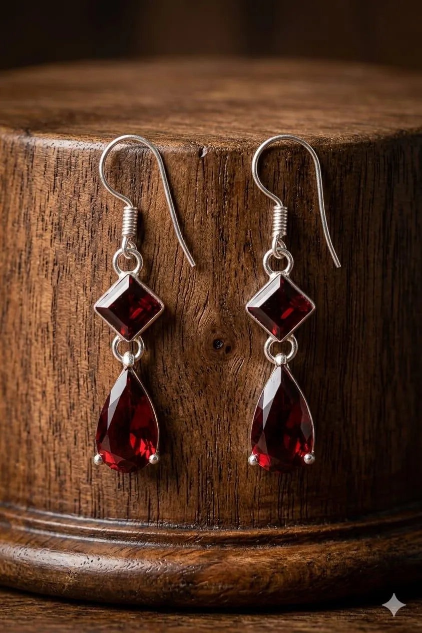 Garnet Drop Earrings, 925 Sterling Silver Dangle Earrings, January Birthstone Jewelry, Teardrop Gemstone Gift for Her, Handmade