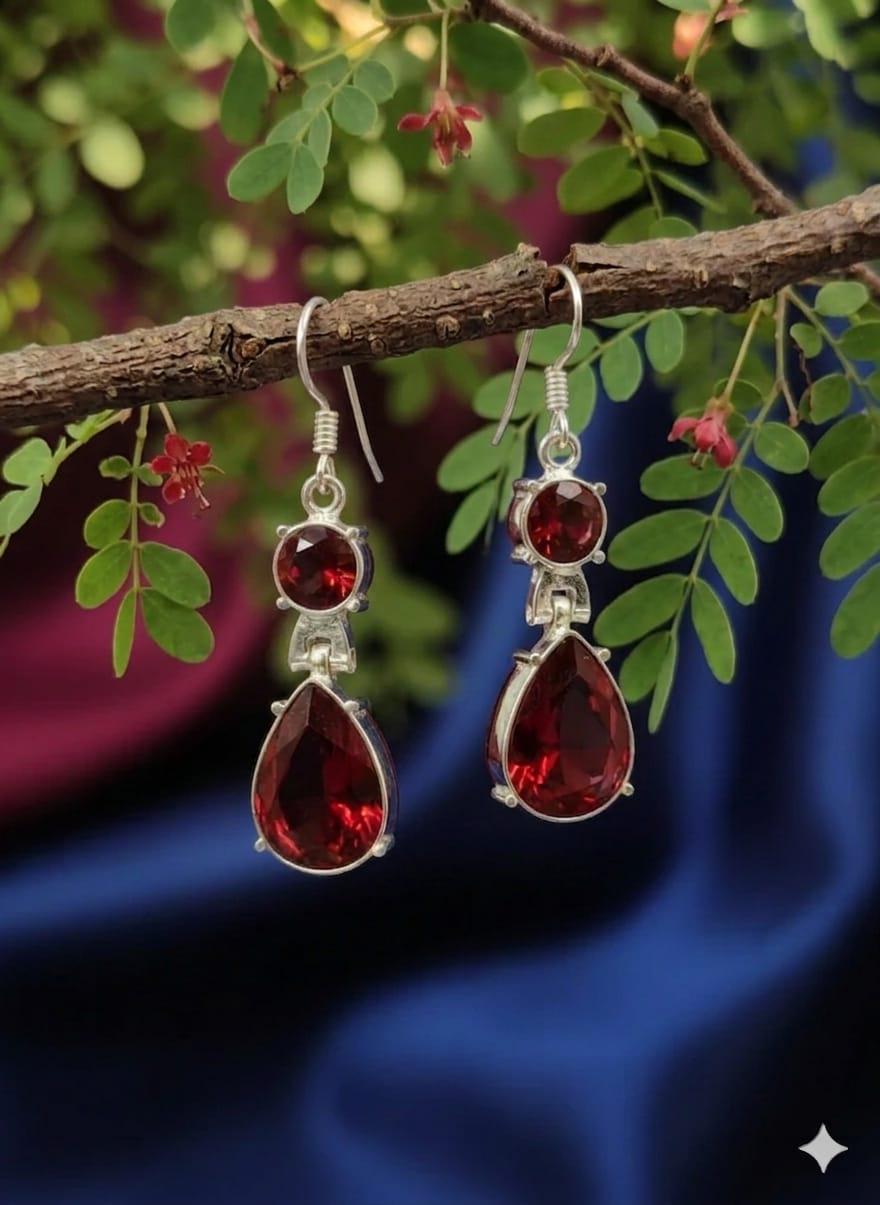 925 Sterling Silver Garnet Drop Earrings, Red Teardrop Dangle Earrings, January Birthstone Jewelry, Handmade Gift for Her